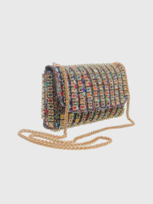 STUDDED FLAP OVER RING CHIAN EVENING BAG